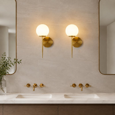 2-Pack Brushed-Brass Gold Globe Wall Sconces with White Globe Glass Shades, Mid-Century Industrial Vanity Lighting for Restaurant, Living Room, Bedside and Stairs