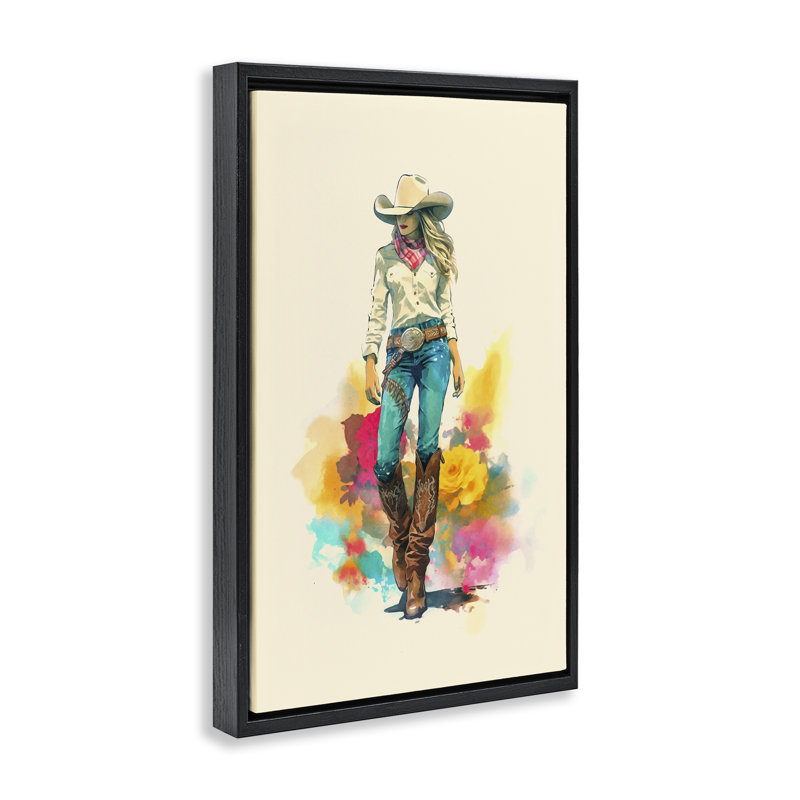 «Prairie Princess Cowgirl», toile flottante encadrée par Andrea Haase, Cadre flottant noir de jais, H 25 po x l 17 po