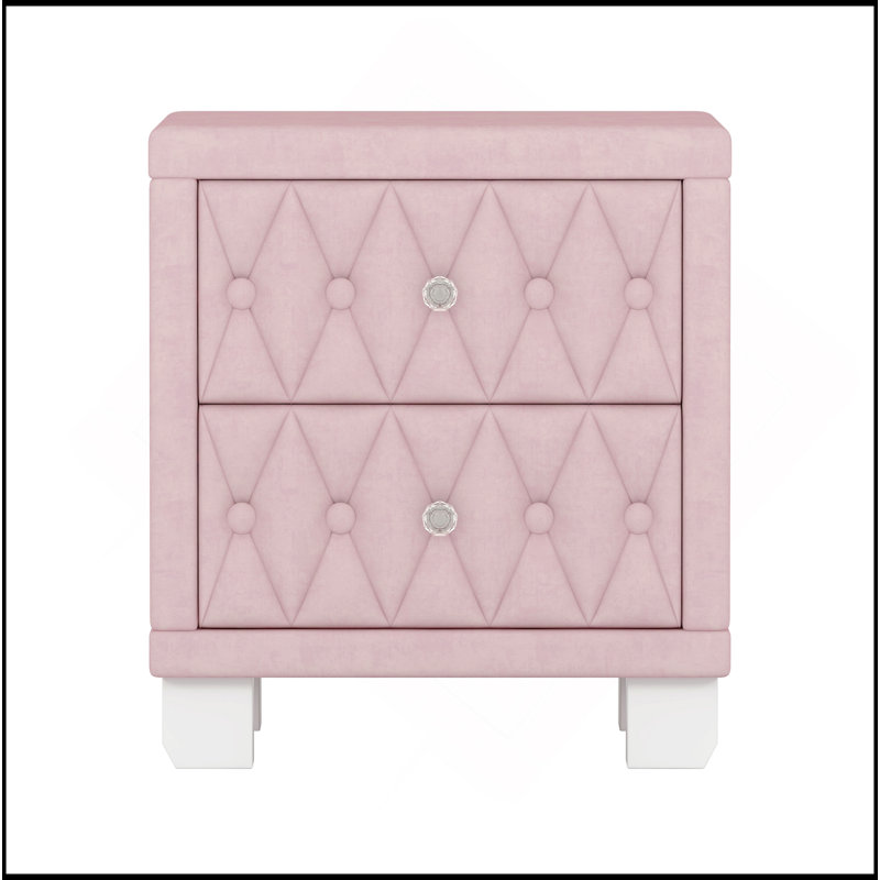 Elegant Velvet Nightstand With 2 Drawers And Crystal Handle, Storage Bedside Table With Button-Tufted, Pink