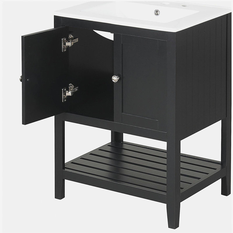 Meuble-lavabo minimaliste moderne de 24 po avec bol en céramique et tablettes ouvertes en bois massif, Noir