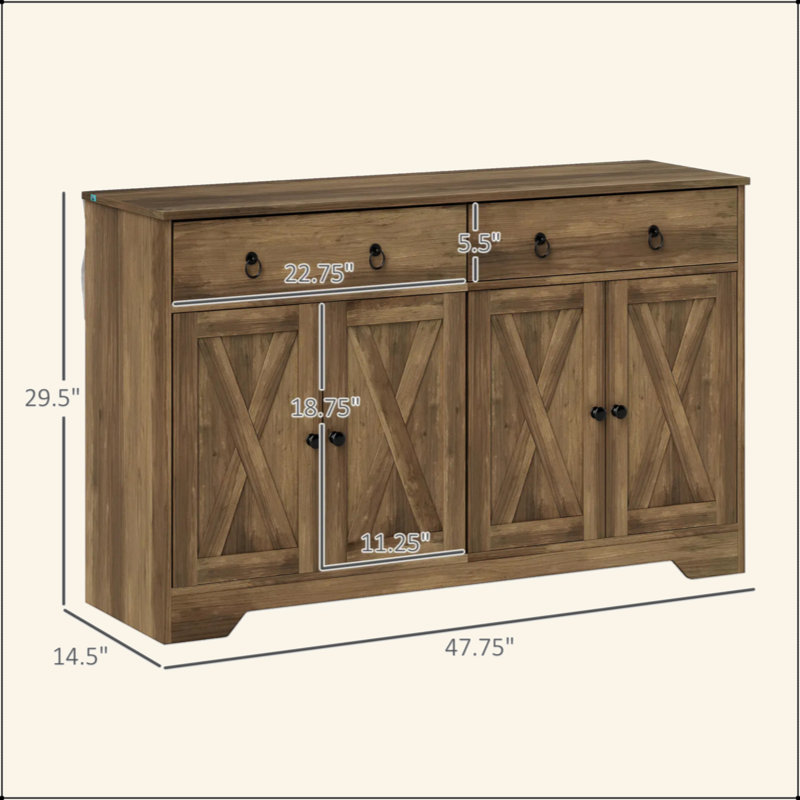 Buffet de cuisine avec portes de style grange, tiroirs et tablettes réglables, Marron clair