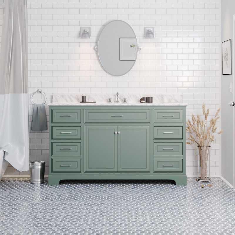 Ensemble simple meuble-lavabo Meriline 60 po avec armoire vert sauge et comptoir en marbre de Carrare, Marbre de Carrare