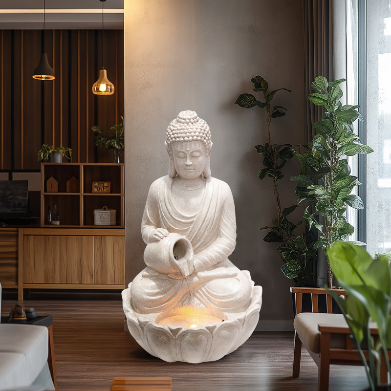 Grande fontaine bouddha en résine avec lumière DEL blanche