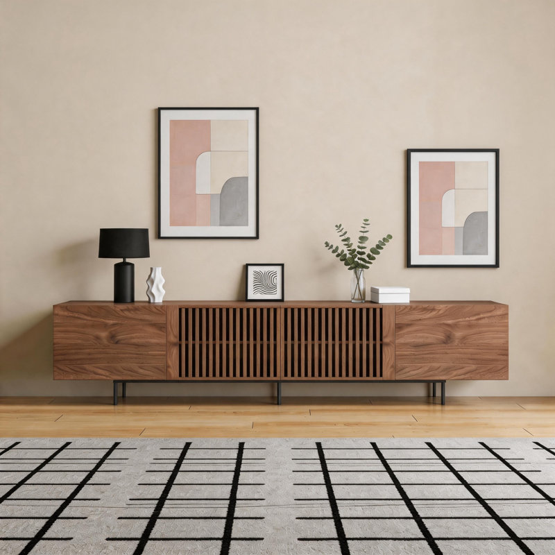Retro-style TV Unit with Cable Ports, 4 Storage Doors - Suitable for 85"+ TVs - Ideal for Living Rooms, Bedrooms & Apartments - Walnut Finish  with Removable Shelves