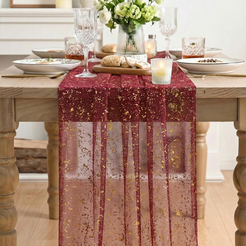 Chemin de table en gaze bourgogne et or, 6 pièces, 3 m (120 pouces), paillettes métallisées, transparent, idéal pour décorer une table lors d'un repas, un mariage, un anniversaire ou toute autre occasion spéciale à la maison.