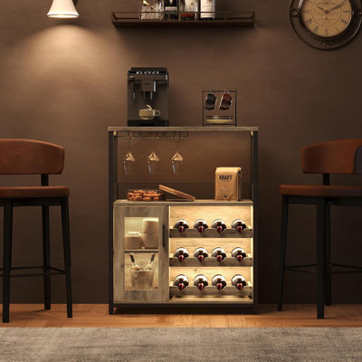 3-Tier Wine Bar Cabinet with LED Lights, Adjustable Shelves, Detachable Rack, Glass Holder by Trent Austin Design