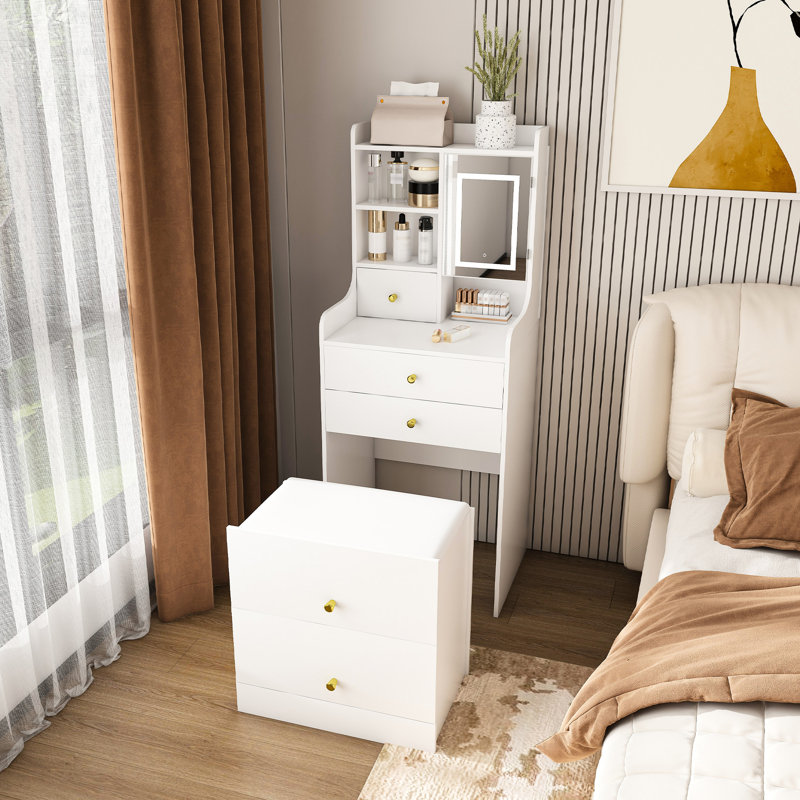 Meuble-lavabo multifonctionnel avec miroir à 3 températures de couleur, tabouret caché et 4 compartiments blancs pour l'organisation de la chambre à coucher Compact 31, tablettes de rangement sous le siège à densité moyenne