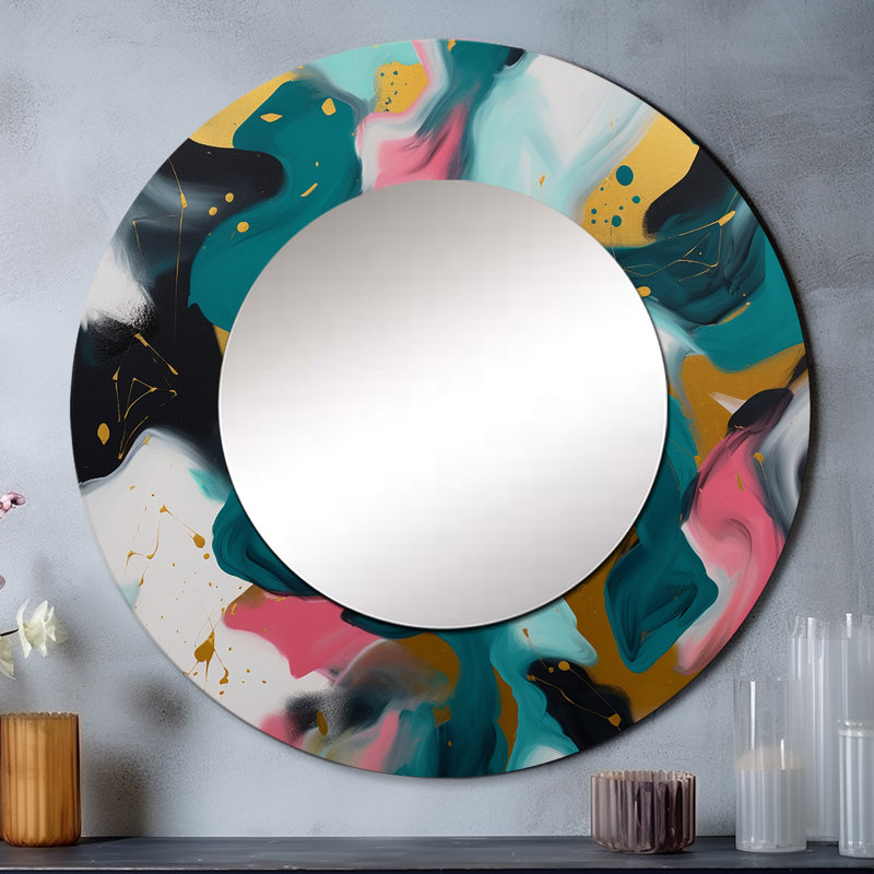 Turquoise et rose abstrait Serenity I - miroir abstrait, miroir mural décoratif rond moderne, impression d'art en métal