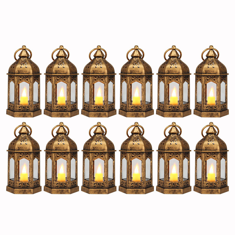 12Pcs Mini Lanterns with Small LED Candle, Bronze