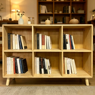 6 Cube Wooden Storage Shelf, Freestanding Open Bookcase with Legs, Natural Solid Wood Cubby Organizer for Living Room, Bedroom, Office, Entryway