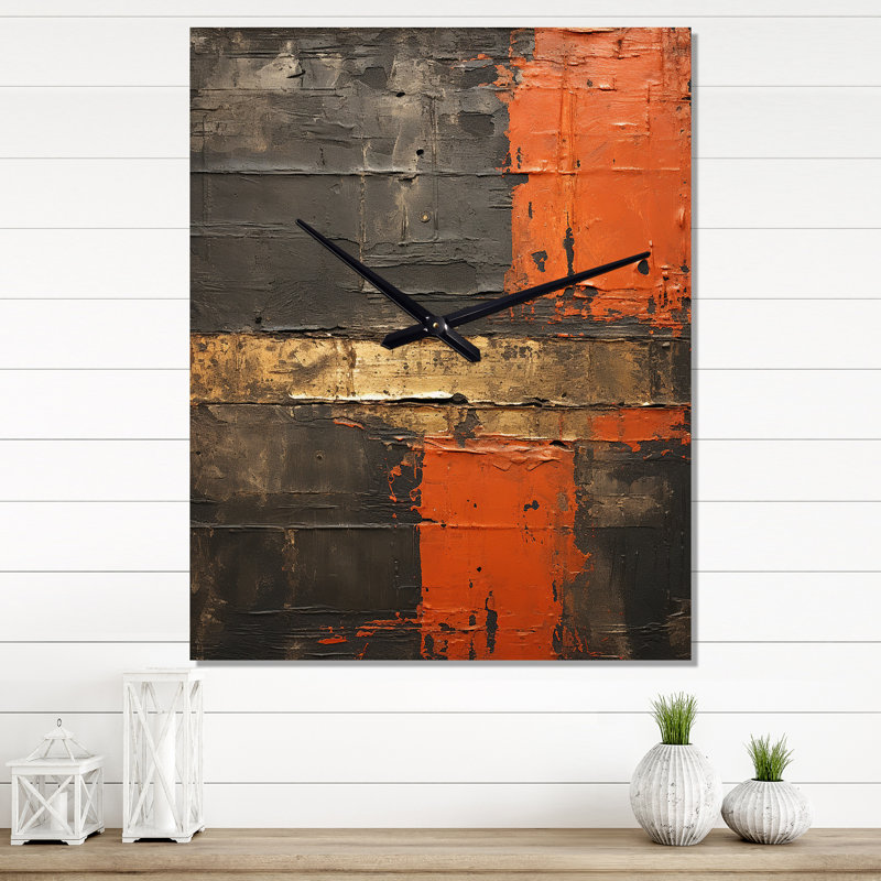 Passage dans le temps délavé orange sur fond noir - horloge murale moderne, H 32 po x l 16 po x P 1 po