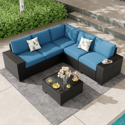 Ensemble de 6 meubles de patio extérieur, ensembles de conversation en osier avec table à thé, canapé de patio en rotin avec coussins épais pour le jardin, porche de jardin, bord de piscine