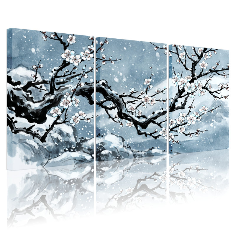 «Winter Plum Blossom Landscape», ensemble de 3 reproductions d'art sur toile tendues, H 36 po x l 72 po