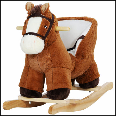 Qaba Baby Rocking Horse, Plush Animal Rocker with Sound, Wooden Base, & Safety Belt for Ages 18-36 Months