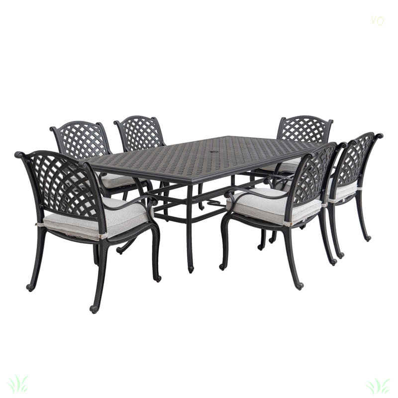 Ensemble repas d'extérieur en aluminium 7 pièces avec coussin, H 36,04 po x l 94,09 po x L 131,93 po, Gris antique
