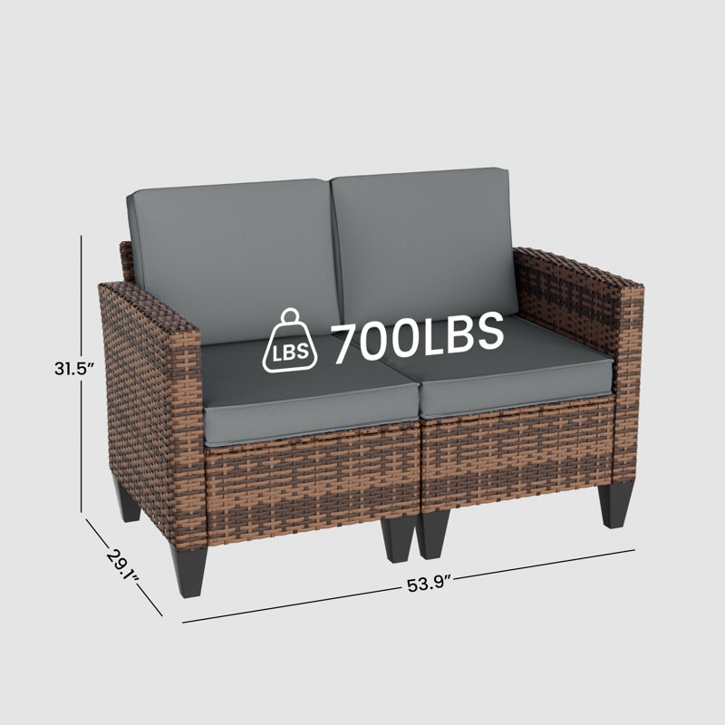 Kisner 49" W Outdoor Wicker Loveseat With Cushions, Gray