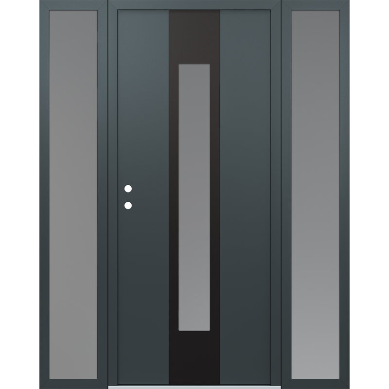 Porte d'entrée pré-suspendue en acier noir à panneau droit avec deux côtés, Argent, L 69 po x H 81,69 po
