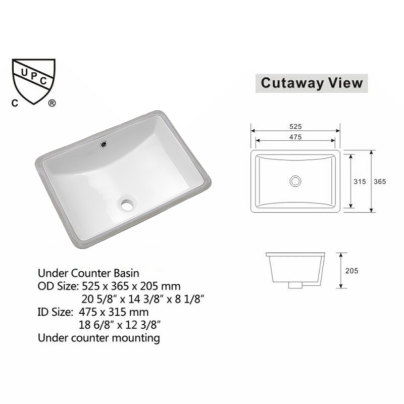 Lavabo de salle de bain rectangulaire encastré en céramique 14 po Myhome Keepers