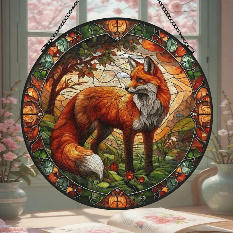 Vitrail Renard Panneaux de vitrail Attrape-soleil pour décoration de fenêtre, 7,8 x 7,8 po (20 x 20 cm)