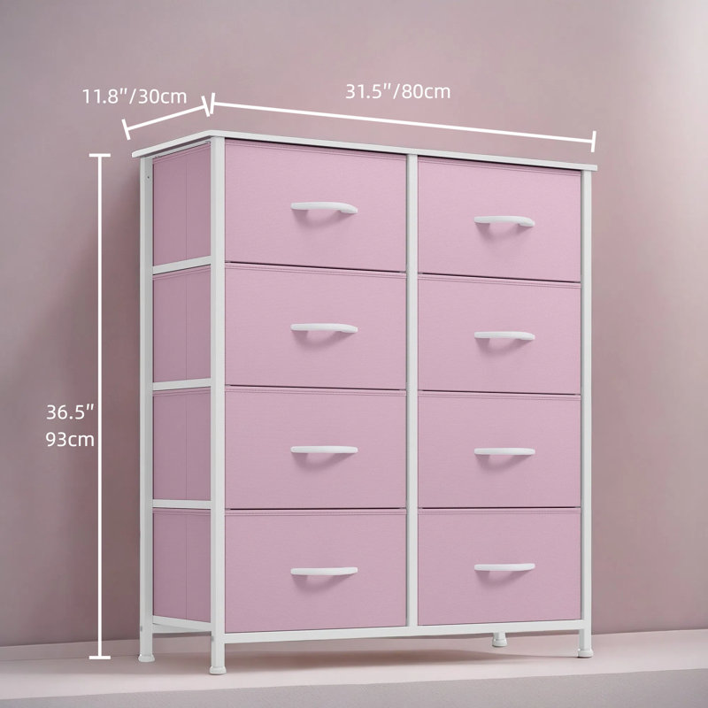 Commode double 8 tiroirs Kathiria, Rose/Blanc