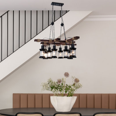 40"Retro Wooden 8-Light Chandelier With A Design Sense, Featuring A Tic-Tac-Toe Shape Design.