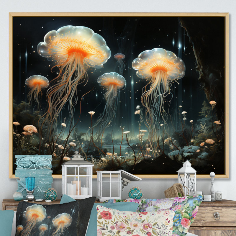Jellyfish Luminescent Beauty IV - Animals Canvas Art Print, H 16 po x l 32 po x P 1 po, Cadre naturel flottant