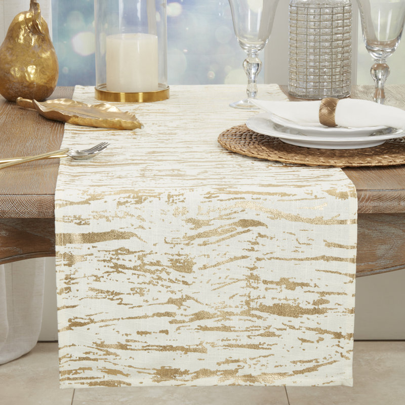 Distressed Metallic Foil Design Cotton Table Runner, Gold, 90" L x 16" D