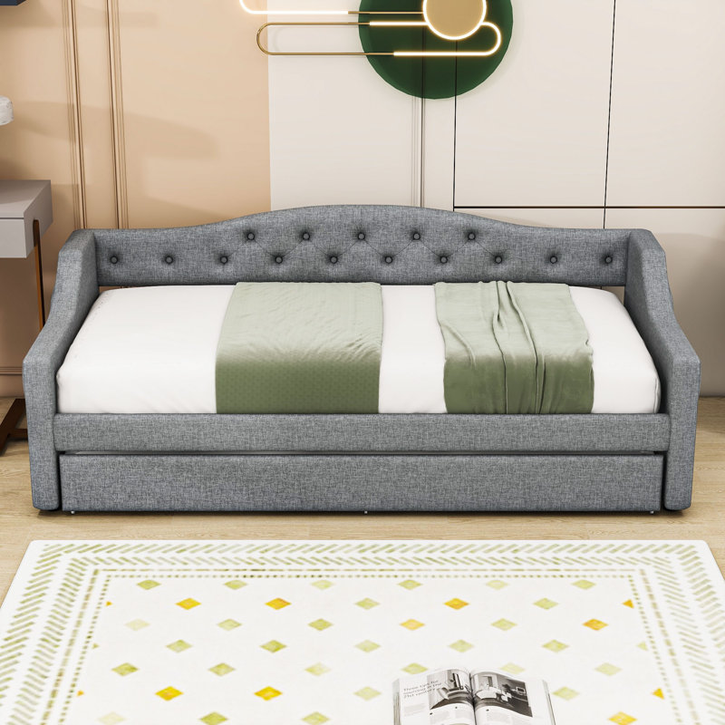 Twin XL Upholstered Daybed with LED and Trundle, Gray