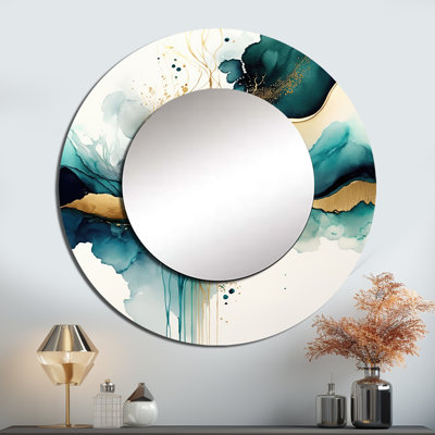 Quentavious sarcelle et or abstrait Expression III - miroir à encre liquide, miroir mural décoratif rond moderne, impression d'art en métal