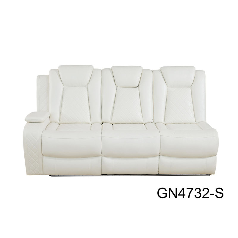 Canapé modulaire inclinable électrique 3 pièces blanc avec éclairage à DEL, console et porte-gobelets, Simili cuir blanc