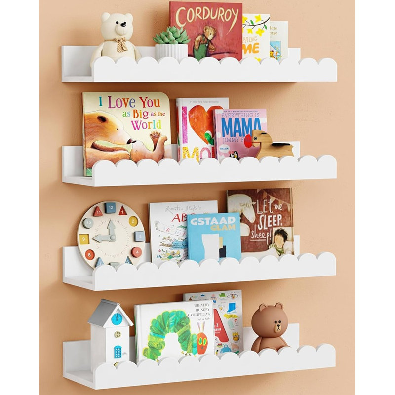Nursery Floating Book Shelves Set Of 4, Scalloped Wooden Wall Shelves, White, White