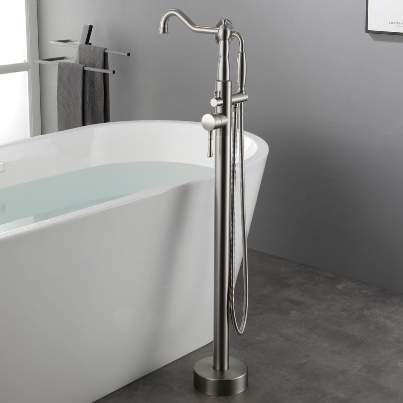 Freestanding Bathtub Faucet Tub Floor Mount Bathroom Faucets Brass Single Handle with Hand Shower, Brushed Nickel