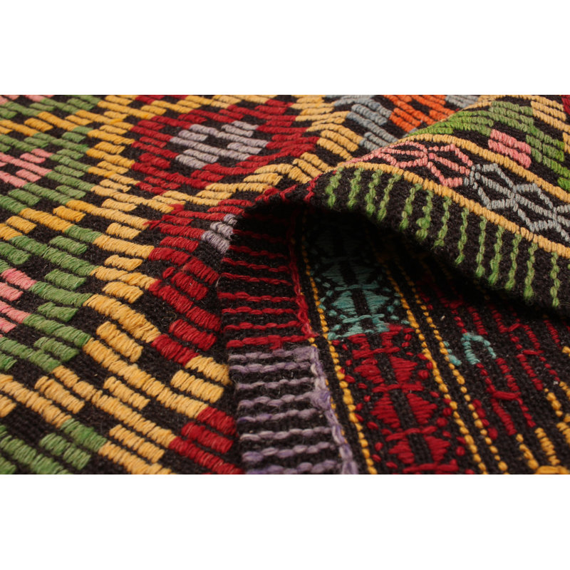 Tapis rouge / vert / jaune en laine fait à la main de conception unique 6 pi 9 po x 9 pi 5 po Kilim Politte