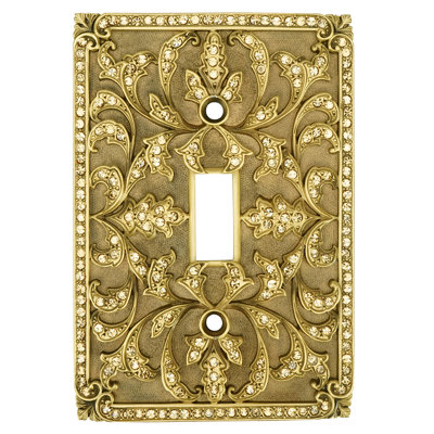 SINGLE TOGGLE SWITCH COVER; LT. COLORADO TOPAZ  DECORATED WITH SWAROVSKI CRYSTALS; IN FLORENTINE GOLD