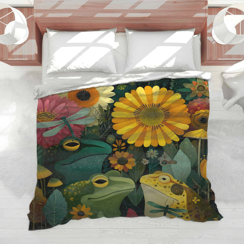 Frogs And Dragonfly Scene Comforter, Queen