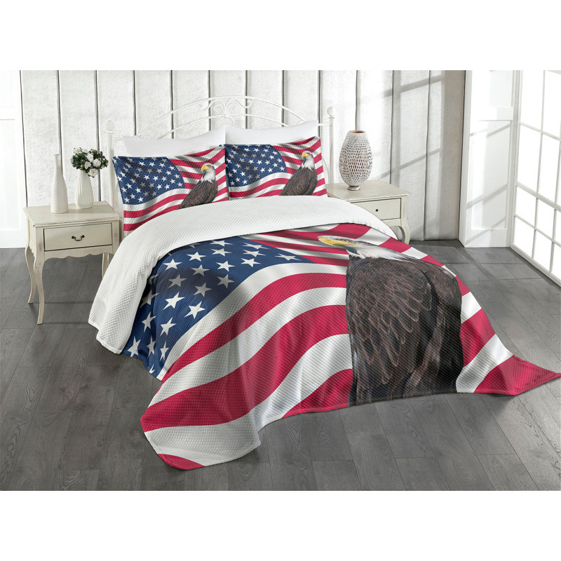 Patriotic Eagle and Flag Queen Bedspread Set in Multicolor