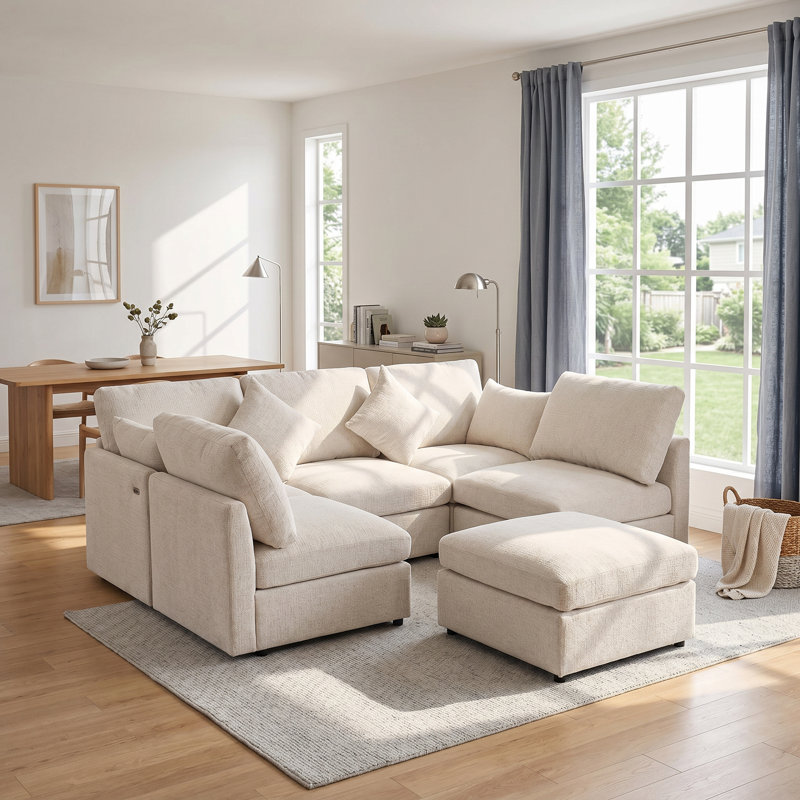 Canapé modulaire de 86,6 po à 5 places, canapé-lit convertible avec repose-pieds mobile et deux ports USB, canapé en U en chenille pour le salon