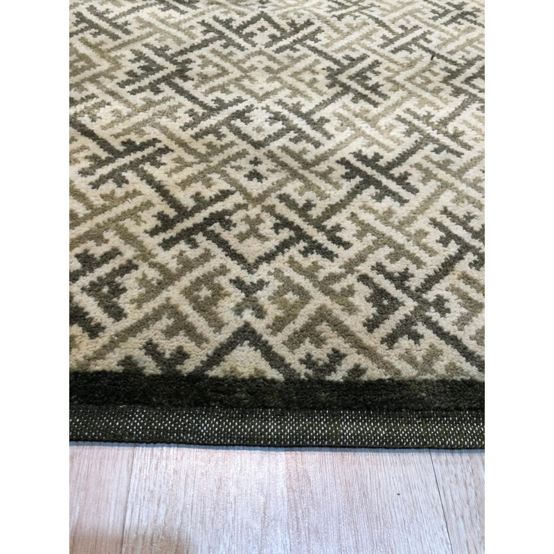 Green Hand-Knotted Wool Scrolled Leaf Border Geometric Modern Contemporary Carpet Rug, 6' x 9'