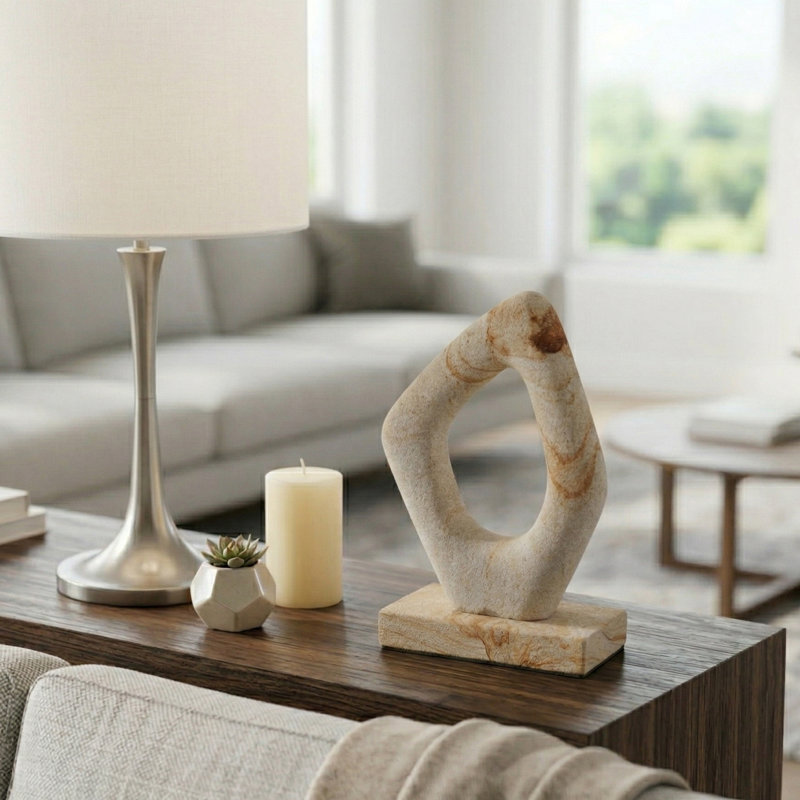 Statue abstraite géométrique en forme de boucle de pierre pour la décoration intérieure - Accent sculptural naturel pour la décoration de salon ou d'étagère - 11 po, brun et blanc