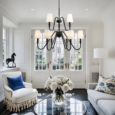 Traditional 9-Light 2-Tier Chandelier with Beige Fabric Shade