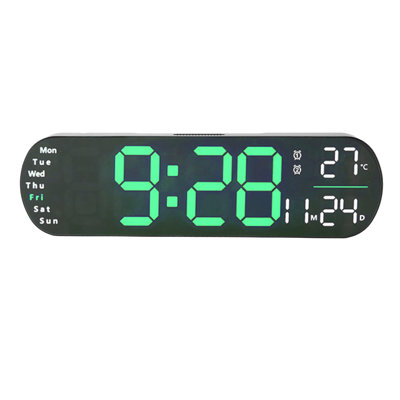 Horloge murale numérique avec télécommande, grand écran DEL, 8 couleurs d'éclairage réglables, alarme, idéale pour le salon et la chambre (vert).
