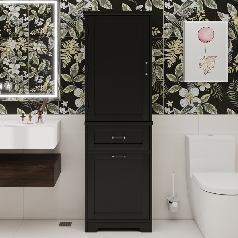 Grande armoire de rangement pour salle de bain, armoire de rangement autoportante avec deux tiroirs de tailles différentes et tablette réglable, panneau de fibres à densité moyenne avec finition peinte, blanc