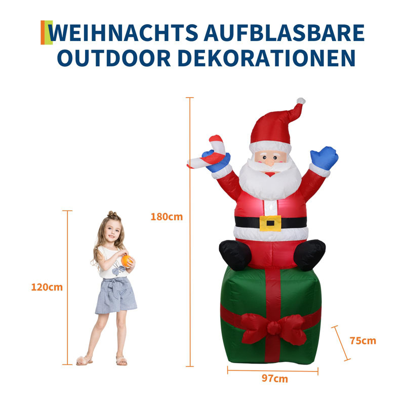6ft Inflatable Santa Claus on Gift Box – Outdoor Christmas Yard Decoration for Lawn & Garden, Height 180cm