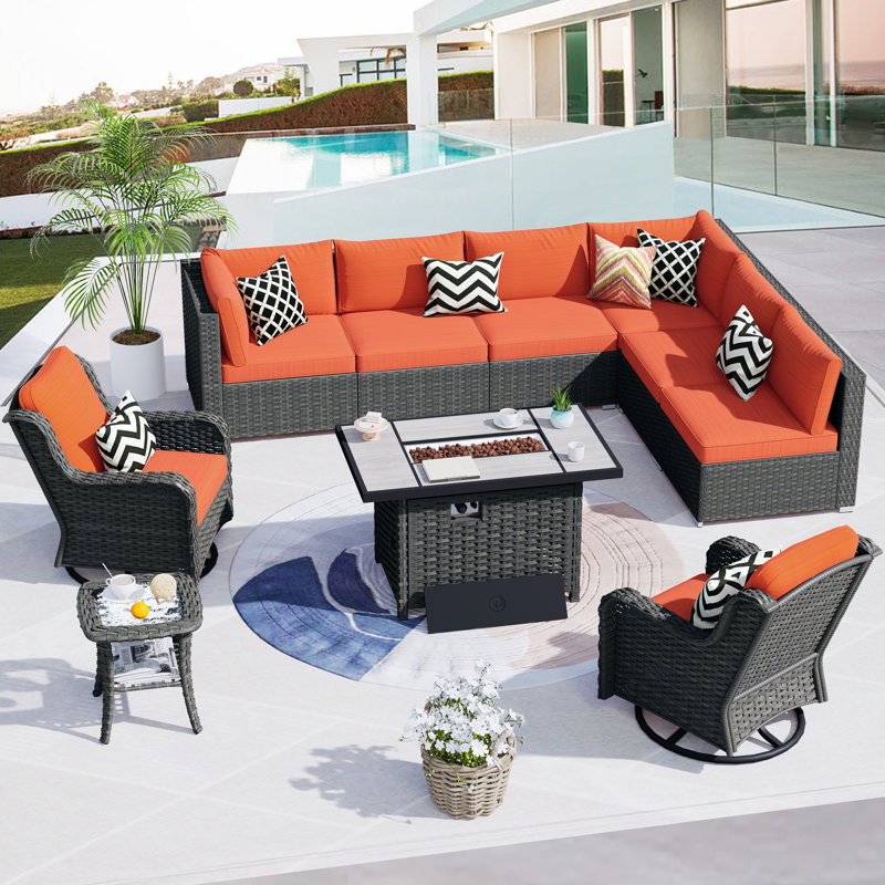 Ralfs 8 - Person Modular Patio Conversation Set with Cushions, Orange Red