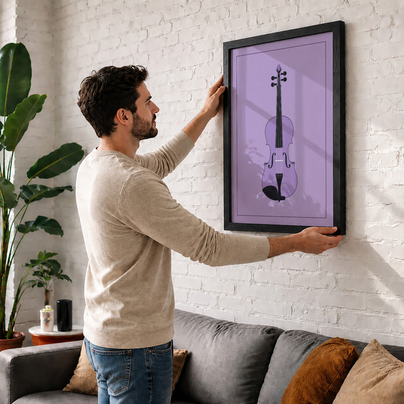 Violin in Purple Minimalist - Framed Print, A1 - 84.1 x 59.4 cm, Oak