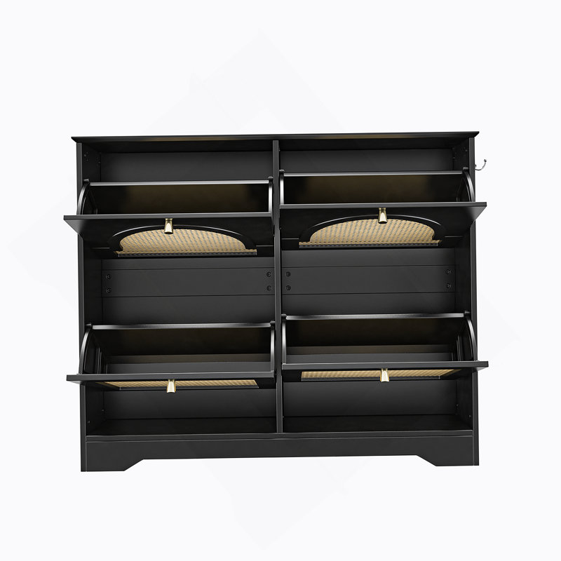Armoire à chaussures autoportante de style Mid-Century avec tiroirs rabattables, portes en rotin et crochets pour organiser l'espace du couloir