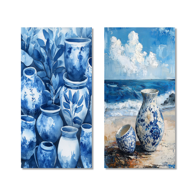 «Blue and White Boho Pottery Coastal Artistry I», impression d'art mural en métal 2 pièces, 40" H x 40" W