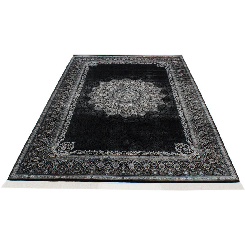 Tapis turc noir et ivoire Antep, Rectangle 6 pi 7 po x 9 pi 6 po