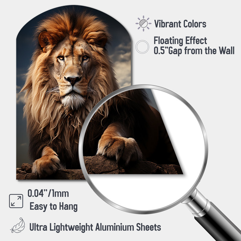 Lion Regal King - Arch Lion, impression murale de sculpture en métal asymétrique, H 34 po x l 25 po