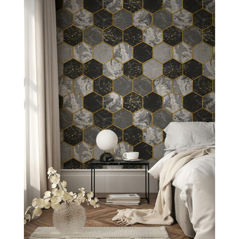 Papier peint noir, gris, marbre, hexagone, ligne dorée, L 99,96 po x l 150 po